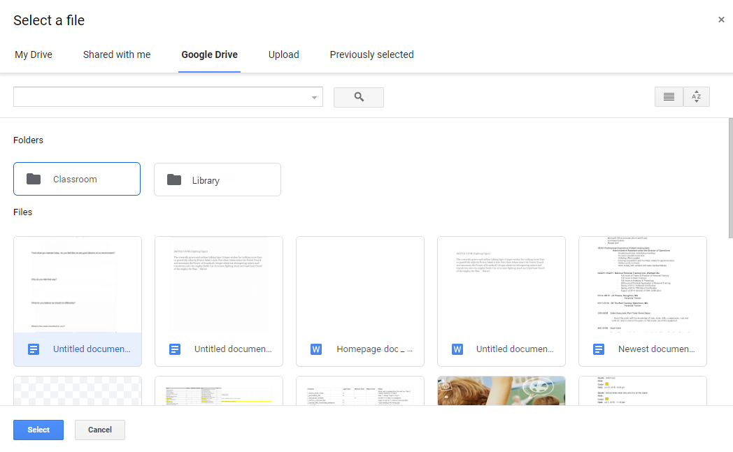 Google Drive picker with file options from Google Drive.